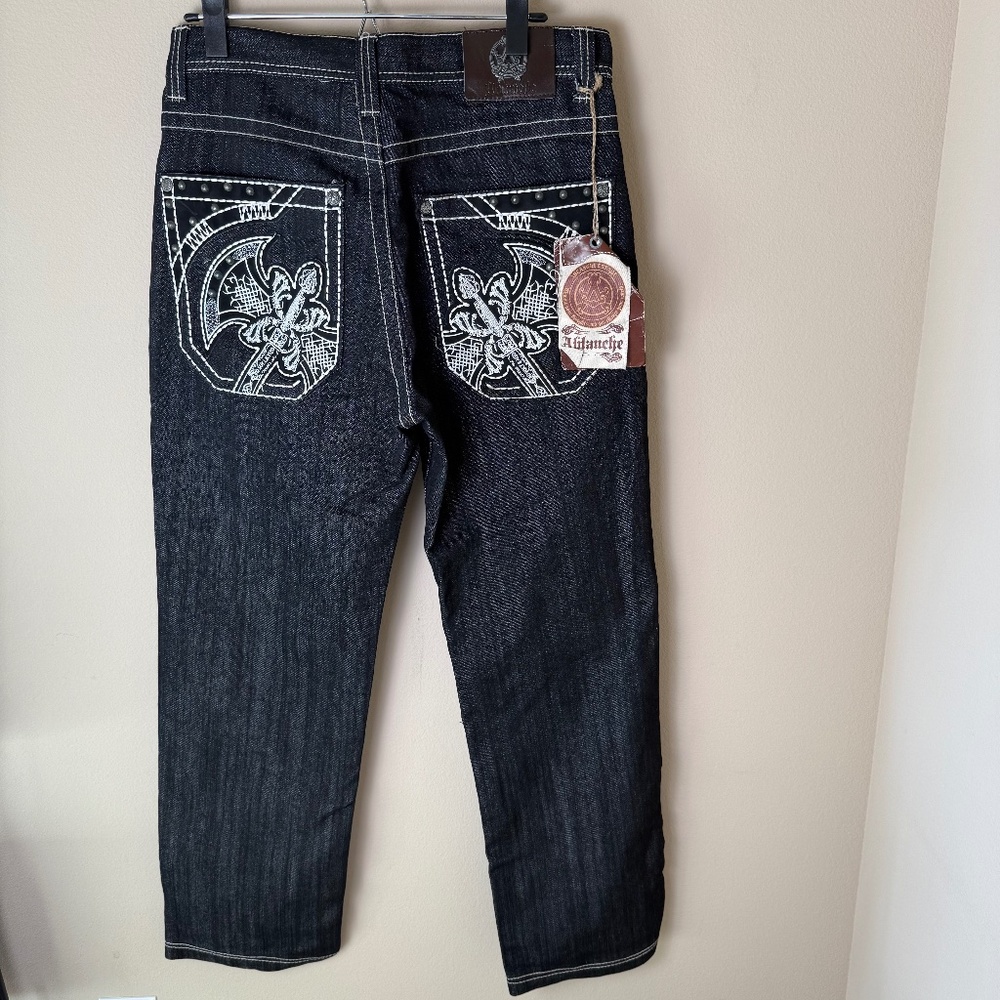 NEW Vintage Ablanche Jeans Mens 32 Black Embroidered Pockets Axe Y2K Streetwear